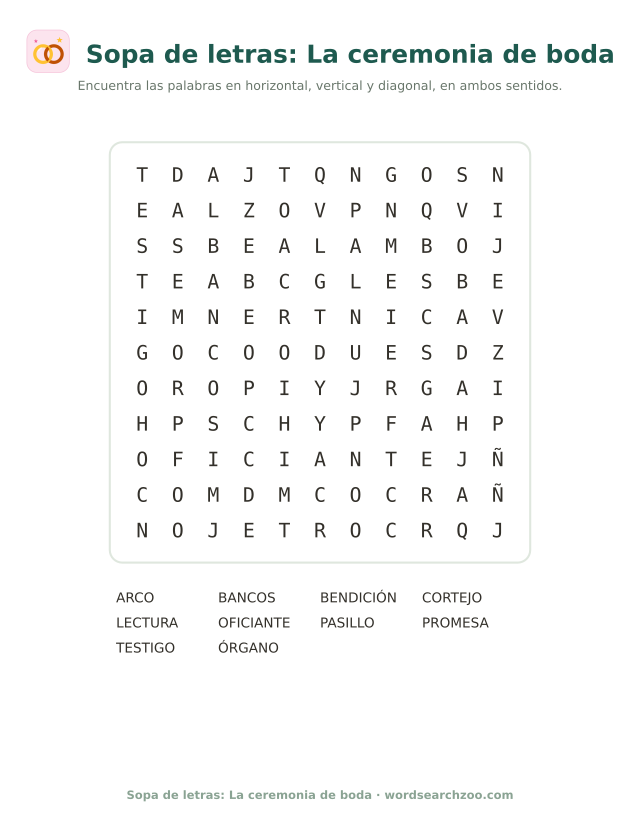 Sopa de letras de la ceremonia de boda, tablero de 11x11 con pasillo, cortejo y oficiante