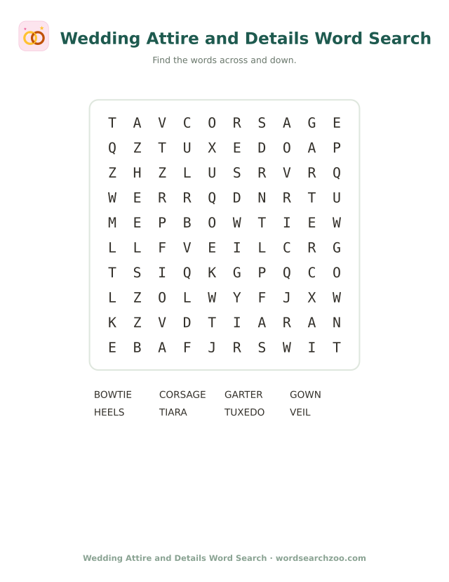 Easy wedding attire word search for kids, a 10x10 grid with veil, gown and tuxedo
