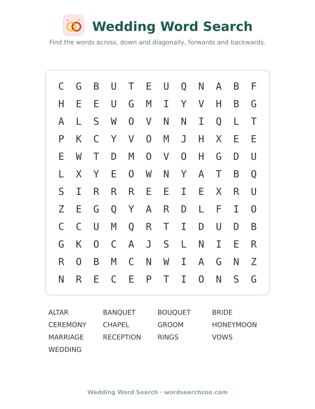 Printable wedding word search, a 12x12 grid with thirteen wedding words