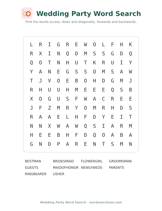 Wedding party word search to print, a 12x12 grid with bridesmaid, best man and ring bearer