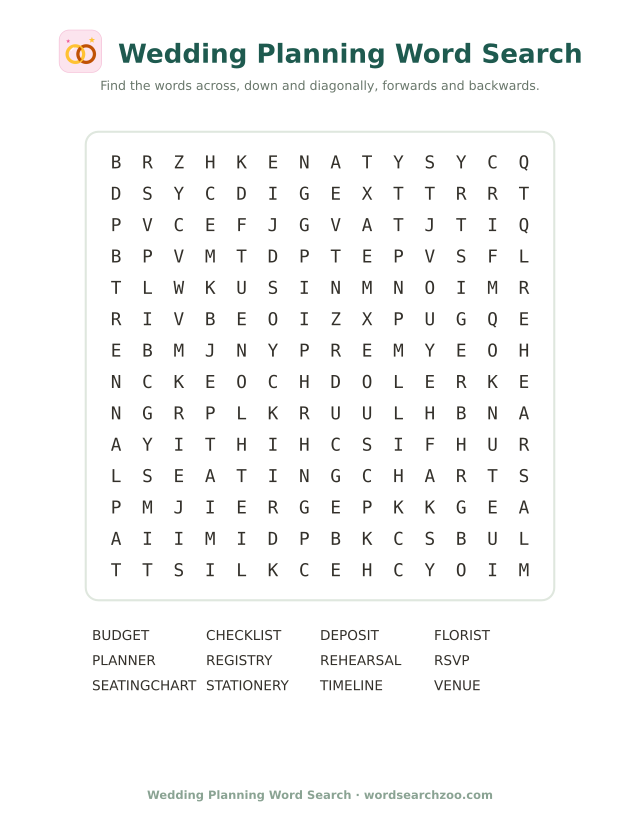 Wedding planning word search to print, a 14x14 grid with venue, budget and seating chart