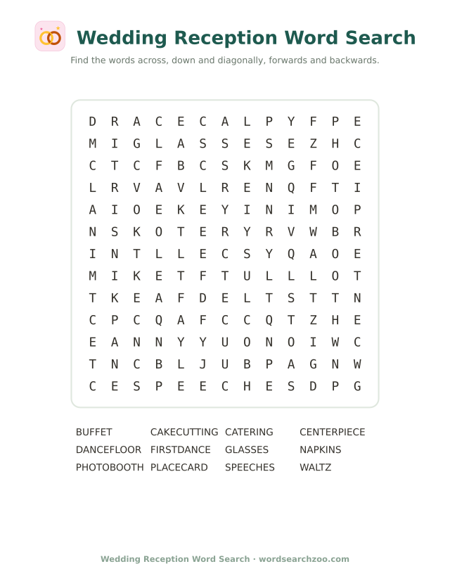 Wedding reception word search to print, a 13x13 grid with first dance, speeches and buffet