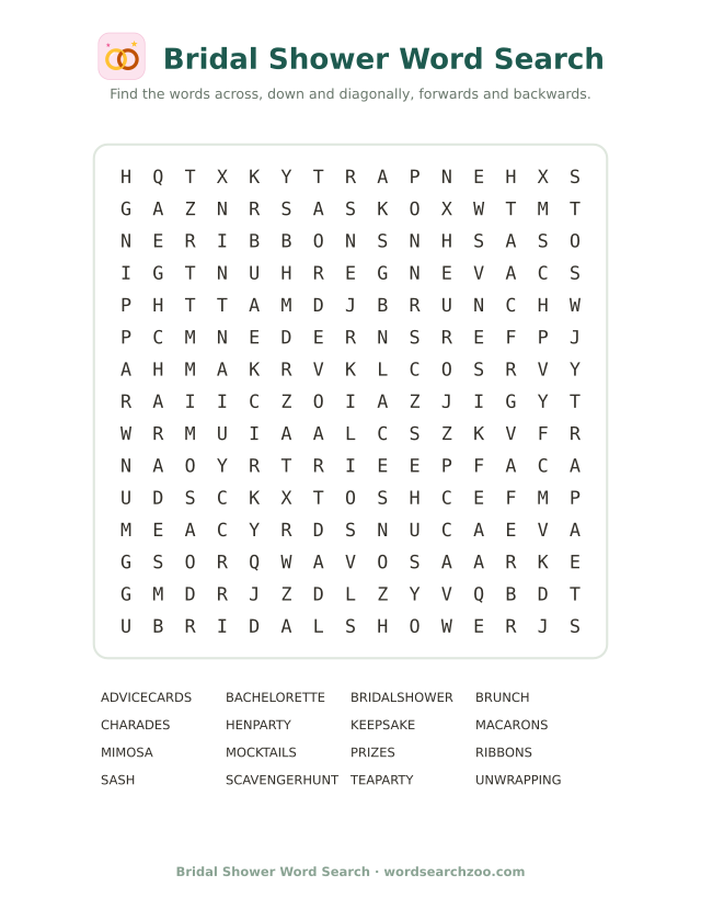 Hard bridal shower word search, a 15x15 grid with bachelorette, mimosa and charades