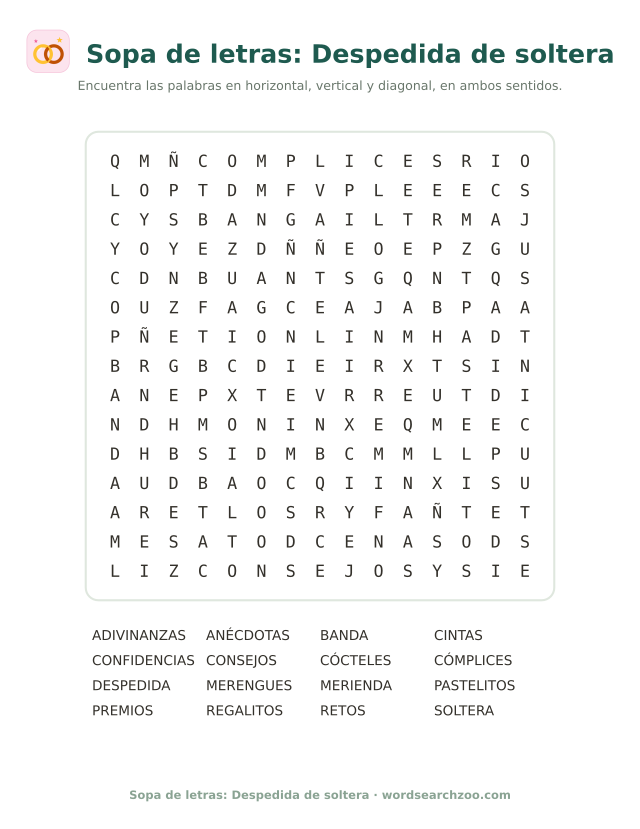 Sopa de letras difícil de despedida de soltera, tablero de 15x15 con premios y retos
