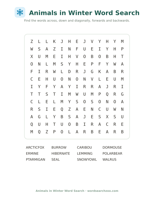 Animals in winter word search to print, a 13x13 grid with hibernate, ptarmigan and ermine