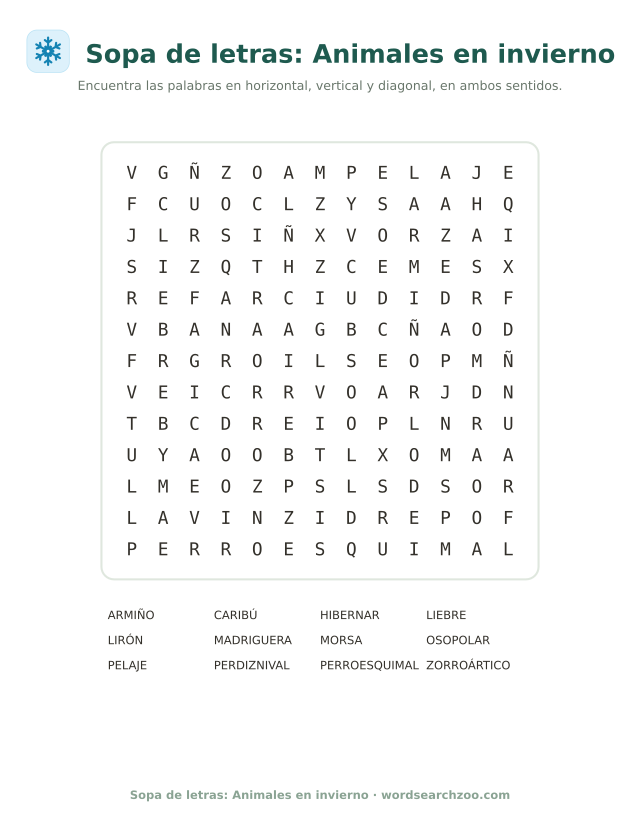 Sopa de letras de animales en invierno, tablero de 13x13 con hibernar, armiño y perdiz nival