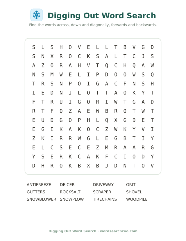 Digging out word search to print, a 14x14 grid with snowplow, rock salt and tire chains