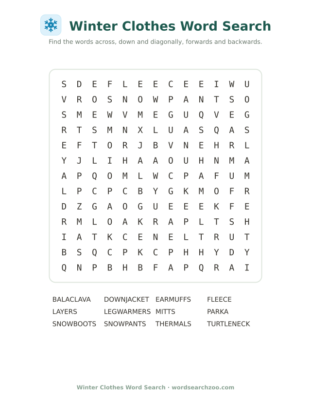 Winter clothes word search to print, a 13x13 grid with balaclava, thermals and leg warmers