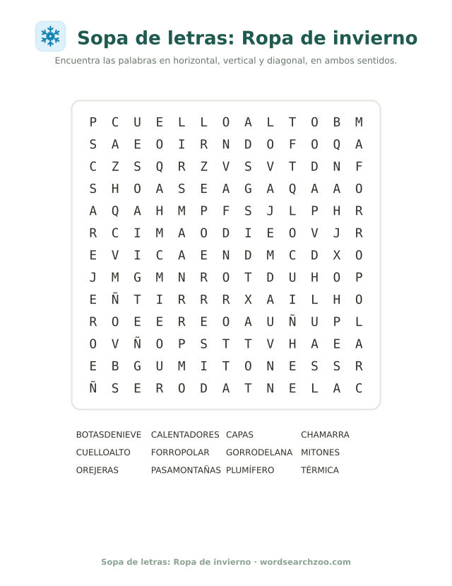 Sopa de letras de ropa de invierno, tablero de 13x13 con pasamontañas, plumífero y orejeras