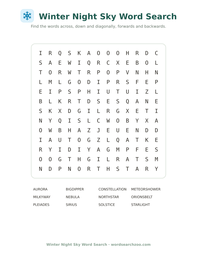 Winter night sky word search to print, a 13x13 grid with Orions Belt, Pleiades and aurora