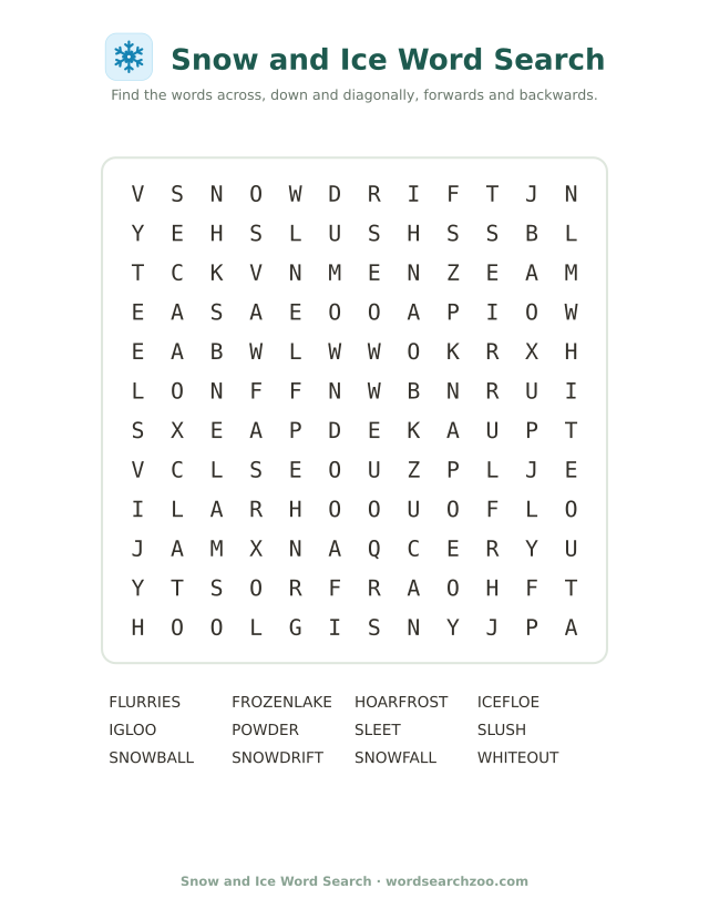 Snow and ice word search to print, a 12x12 grid with snowdrift, hoarfrost and flurries