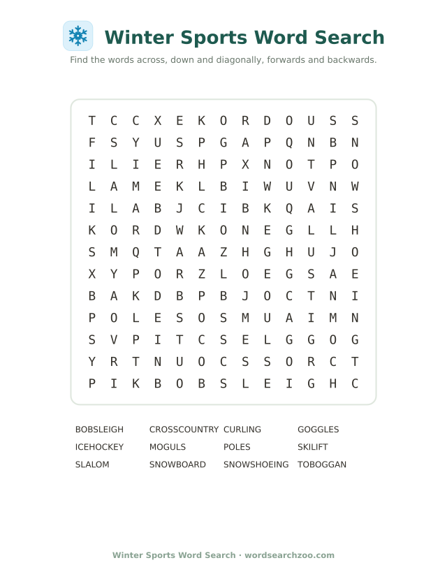 Winter sports word search to print, a 13x13 grid with toboggan, slalom, curling and moguls