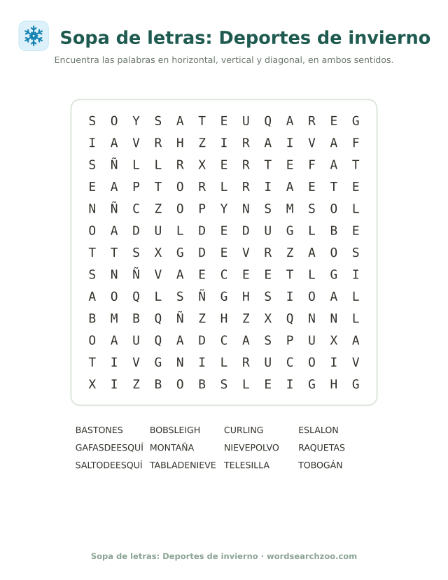 Sopa de letras de deportes de invierno, tablero de 13x13 con eslalon, telesilla y raquetas