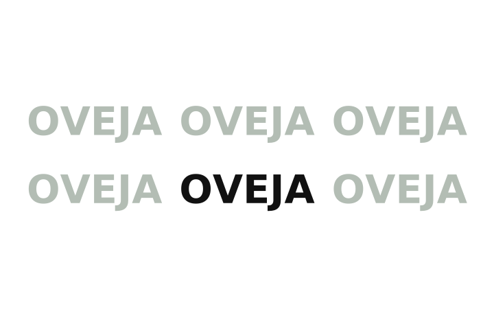 Acertijo visual: seis veces la palabra OVEJA, cinco en gris claro y una en negro