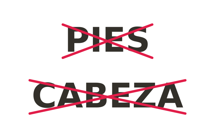 Acertijo visual: las palabras PIES y CABEZA tachadas con cruces rojas