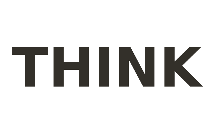 Rebus puzzle with answer: the word THINK printed in huge letters filling the card