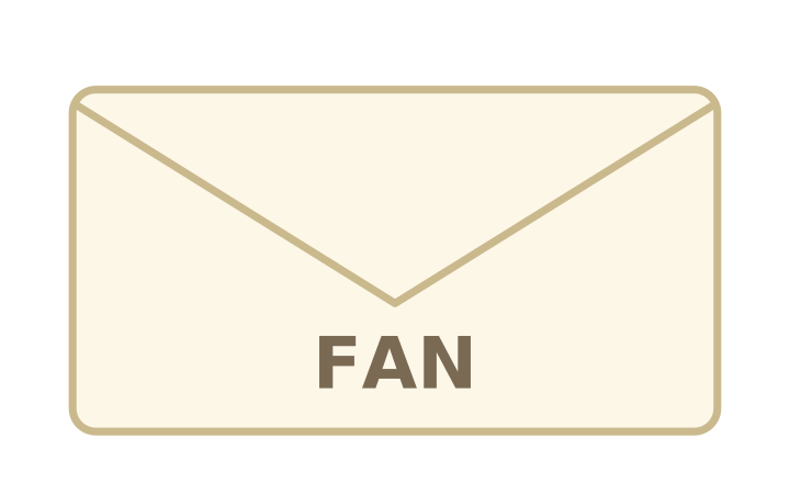 Rebus puzzle with answer: the word FAN written on the front of a sealed envelope