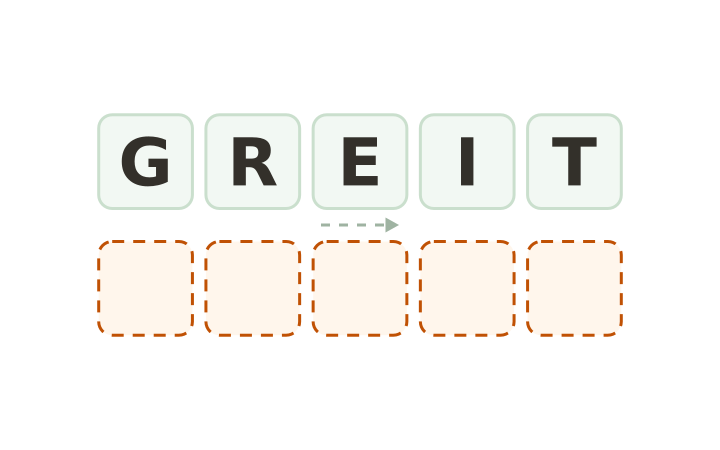 Animal word scramble: the letters G, R, E, I and T on five tiles above five empty answer boxes.