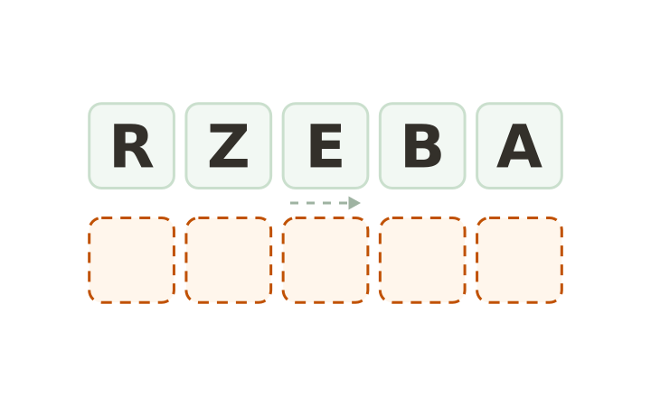 Animal word scramble: the letters R, Z, E, B and A on five tiles above five empty answer boxes.