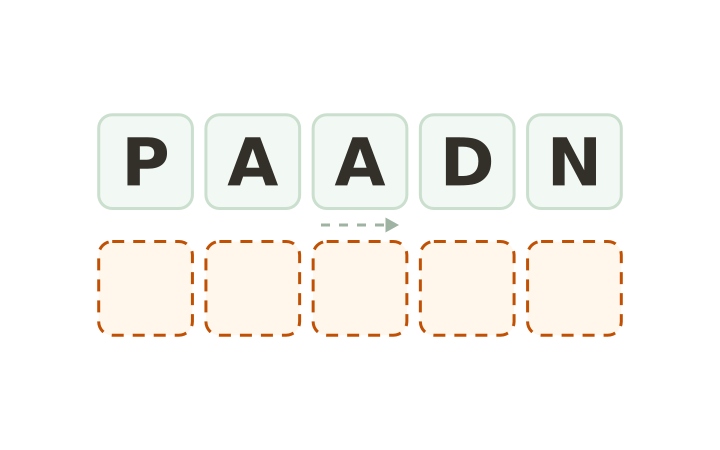 Animal word scramble: the letters P, A, A, D and N on five tiles above five empty answer boxes.