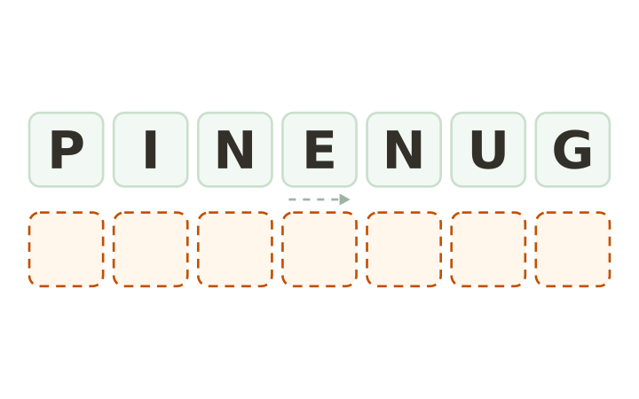 Animal word scramble: the letters P, I, N, E, N, U and G on seven tiles above seven empty answer boxes.