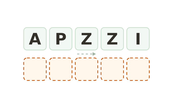 Food word scramble: the letters A, P, Z, Z and I on five tiles above five empty answer boxes.