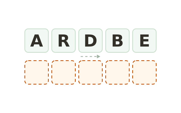Food word scramble: the letters A, R, D, B and E on five tiles above five empty answer boxes.