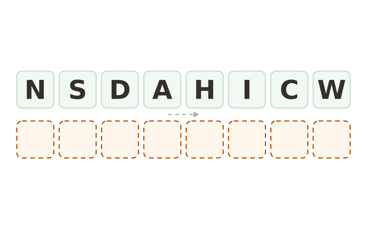 Food word scramble: the letters N, S, D, A, H, I, C and W on eight tiles above eight empty answer boxes.
