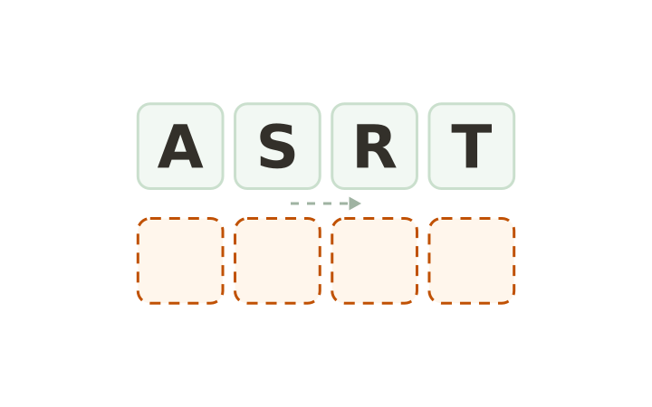 Christmas word scramble: the letters A, S, R and T on four tiles above four empty answer boxes.