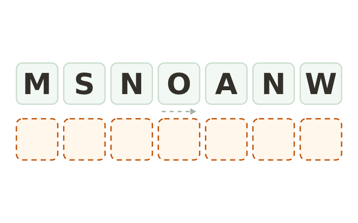 Christmas word scramble: the letters M, S, N, O, A, N and W on seven tiles above seven empty answer boxes.