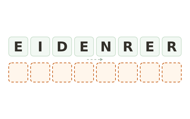 Christmas word scramble: the letters E, I, D, E, N, R, E and R on eight tiles above eight empty answer boxes.