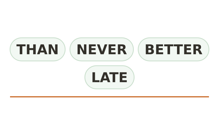 Sentence scramble: the four word chips THAN, NEVER, BETTER and LATE shown out of order above a writing line.