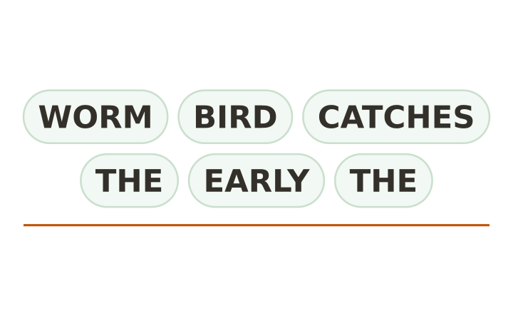 Sentence scramble: the six word chips WORM, BIRD, CATCHES, THE, EARLY and THE shown out of order above a writing line.