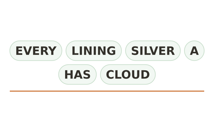 Sentence scramble: the six word chips EVERY, LINING, SILVER, A, HAS and CLOUD shown out of order above a writing line.