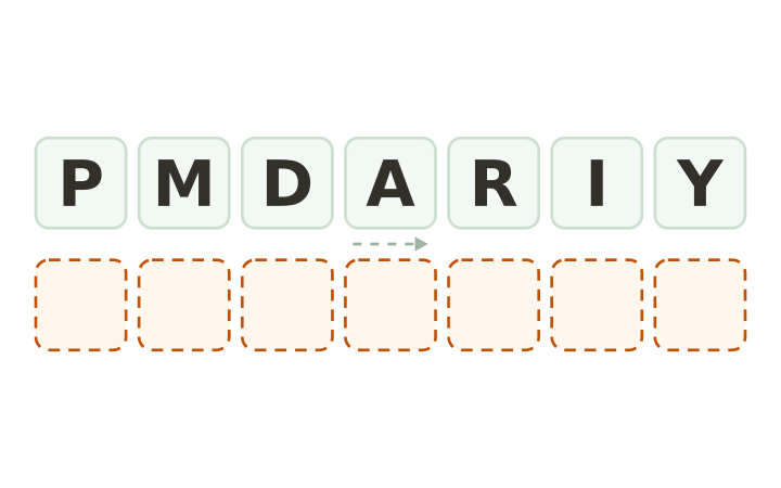 Hard word scramble: the letters P, M, D, A, R, I and Y on seven tiles above seven empty answer boxes.