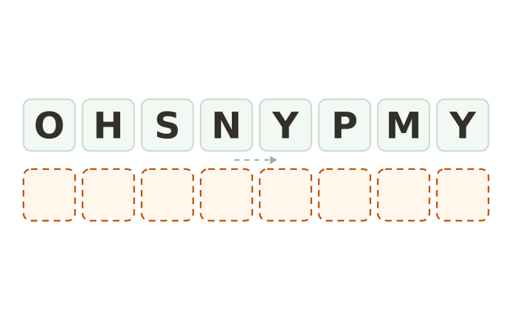Hard word scramble: the letters O, H, S, N, Y, P, M and Y on eight tiles above eight empty answer boxes.