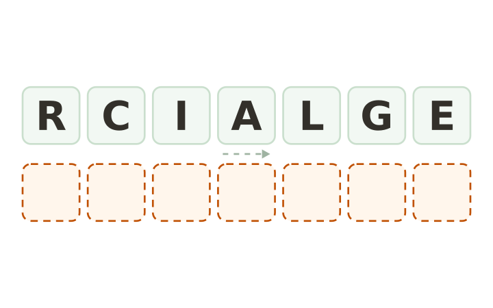 Hard word scramble: the letters R, C, I, A, L, G and E on seven tiles above seven empty answer boxes.