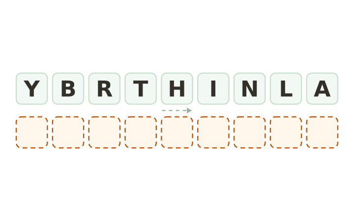 Hard word scramble: the letters Y, B, R, T, H, I, N, L and A on nine tiles above nine empty answer boxes.