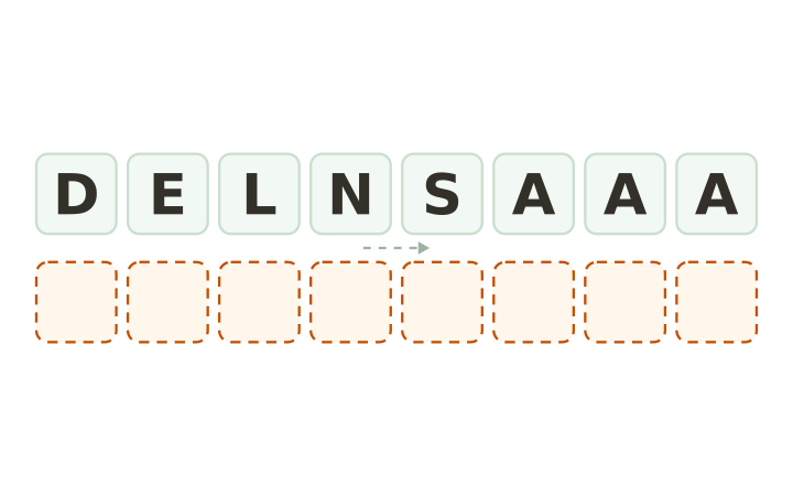 Palabras desordenadas de comida para imprimir: las letras D, E, L, N, S, A, A y A en ocho fichas sobre ocho casillas vacías.
