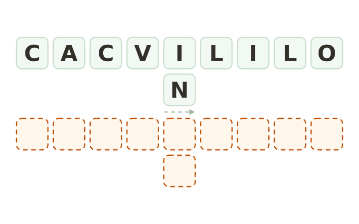 Palabras desordenadas de Navidad para imprimir: las letras C, A, C, V, I, L, I, L, O y N en diez fichas sobre diez casillas vacías.