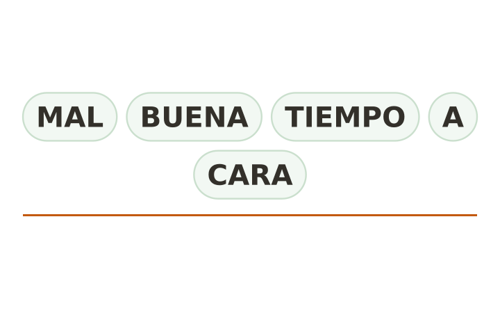 Refrán desordenado: las fichas MAL, BUENA, TIEMPO y A junto a CARA, fuera de orden, sobre una línea para escribir.