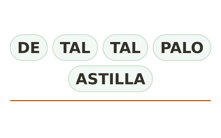 Refrán desordenado: las fichas DE, TAL, TAL y PALO junto a ASTILLA, fuera de orden, sobre una línea para escribir.