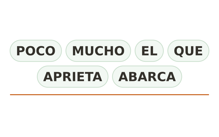 Refrán desordenado: las fichas POCO, MUCHO, EL, QUE, APRIETA y ABARCA, fuera de orden, sobre una línea para escribir.