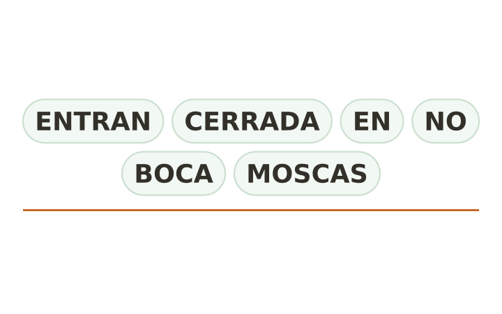 Refrán desordenado: las fichas ENTRAN, CERRADA, EN, NO, BOCA y MOSCAS, fuera de orden, sobre una línea para escribir.