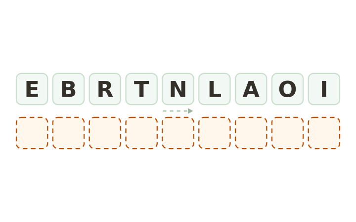 Palabras desordenadas difíciles para imprimir: las letras E, B, R, T, N, L, A, O e I en nueve fichas sobre nueve casillas vacías.