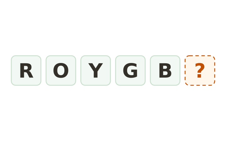 Printable brain teaser letter sequence: the tiles R, O, Y, G and B followed by an empty tile.