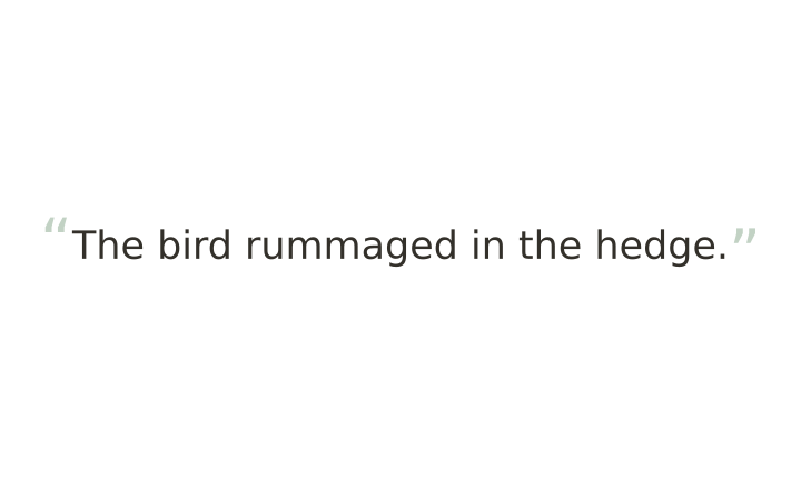 Printable brain teaser hidden word puzzle: the sentence The bird rummaged in the hedge.