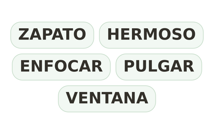 Juego mental imprimible: las palabras ZAPATO, HERMOSO, ENFOCAR, PULGAR y VENTANA en cinco fichas redondeadas.