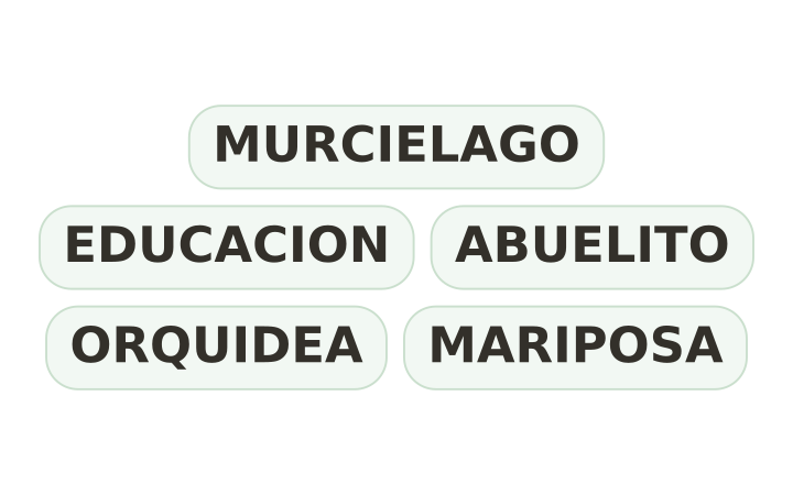 Juego mental imprimible: las palabras MURCIELAGO, EDUCACION, ABUELITO, ORQUIDEA y MARIPOSA en cinco fichas.