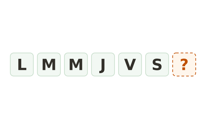 Serie de letras imprimible: las fichas L, M, M, J, V y S seguidas de una ficha vacía.